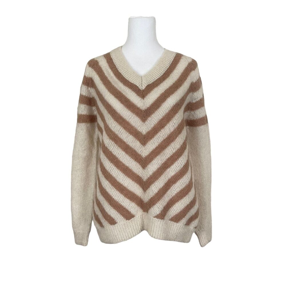 & Other Stories Small Sweater Vneck Striped Wool Mohair Ivory Brown